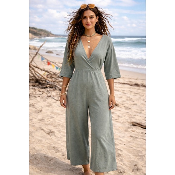FP Beach Pants - Free People FP Beach Linen Blend V-Neck Jumpsuit Romper Green XS